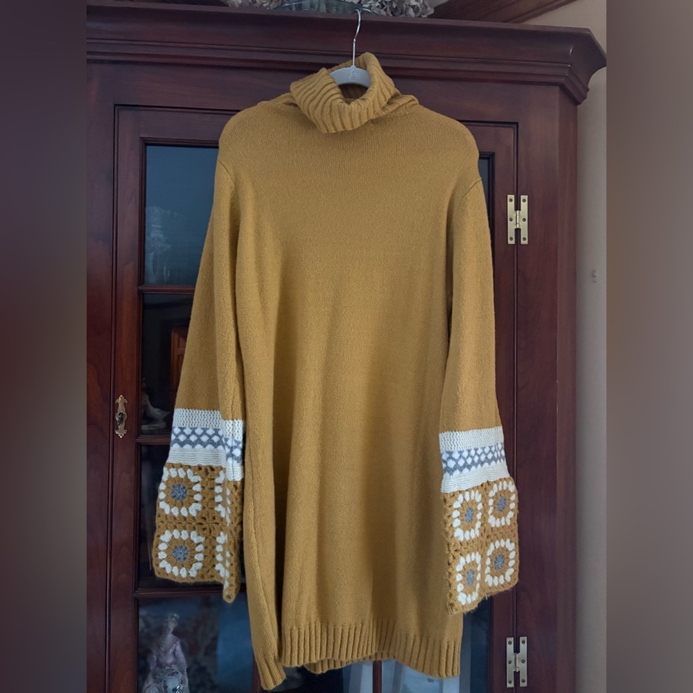Lulu's Mustard Cowl Neck Sweater Dress with Crochet Accents